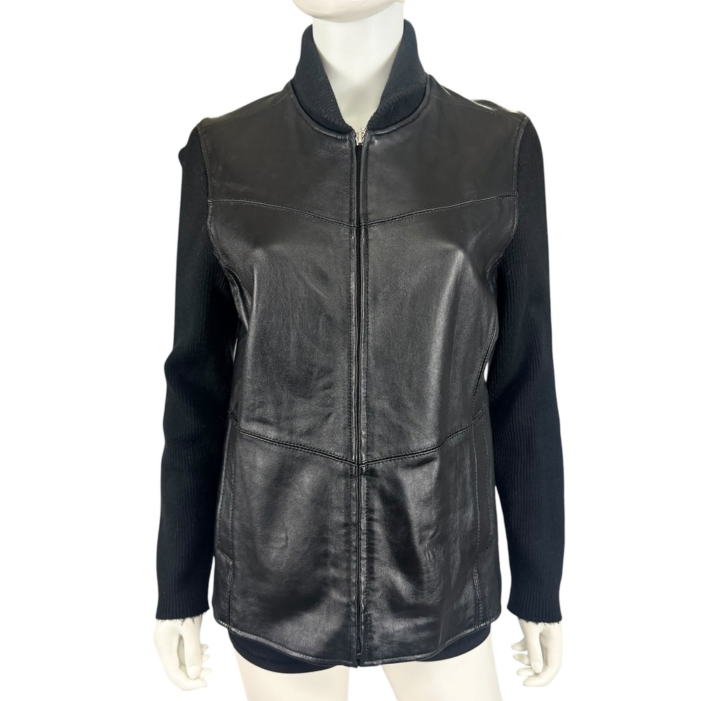 Jaclyn Smith Black Leather Knit Mixed Media Jacket Moto Zip Minimalist  L